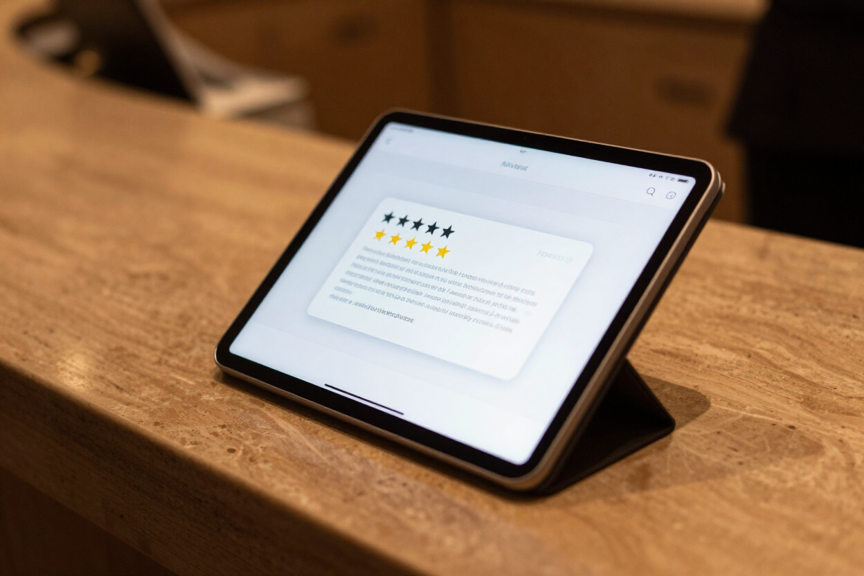 Concierge tablet showing positive review