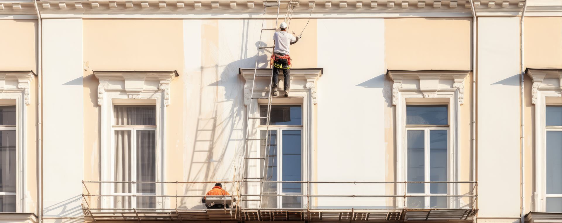 Homme sur un échafaudage qui repeint une façade