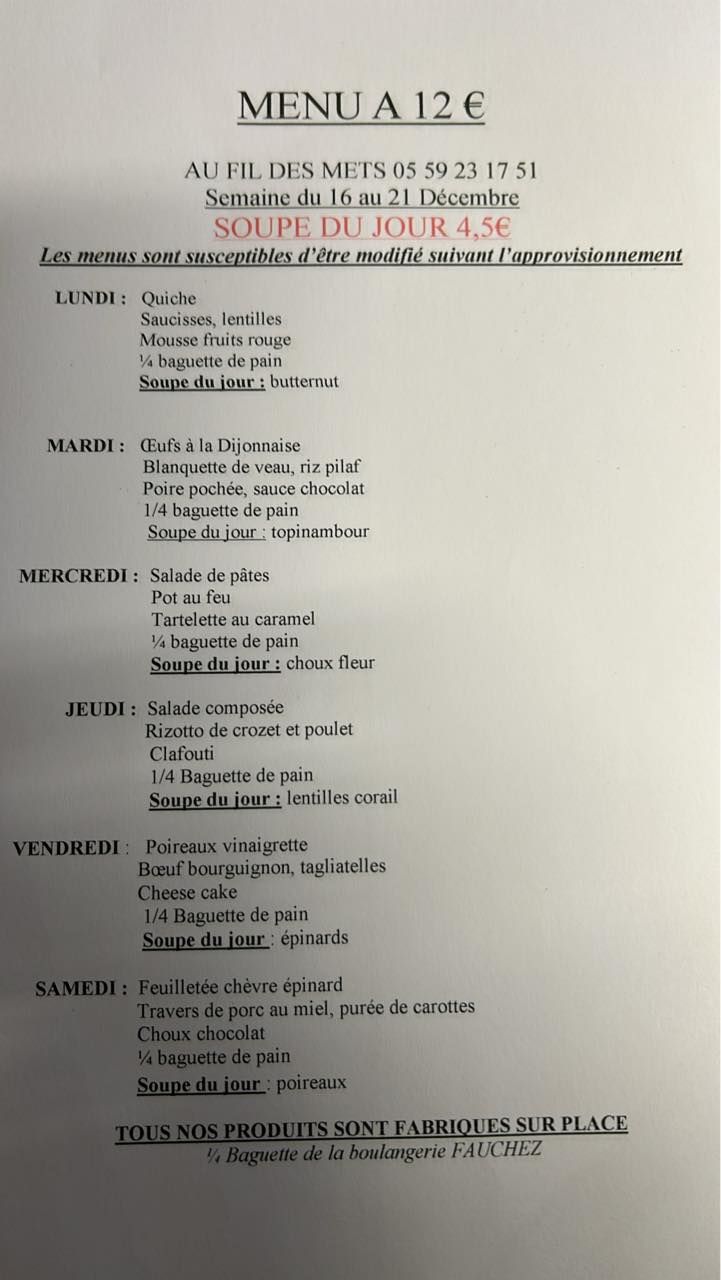 Menu de la semaine - Au Fil des Mets à Biarritz