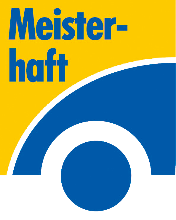 Das Wort „Meisterhaft“ in blauer Schrift auf gelbem Hintergrund, darüber eine abstrakte blau-weiße Grafik eines Rades.