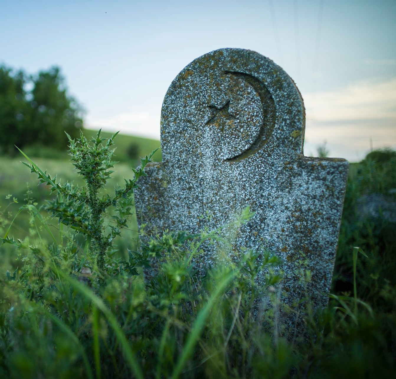 Pierre tombale avec un croissant de lune et un symbole d'étoile dans un champ herbeux.