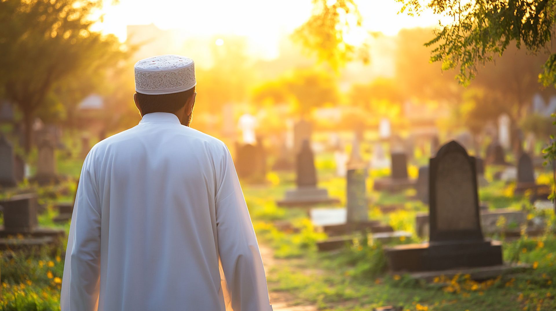 Un homme en tenue blanche marchant dans un cimetière au coucher du soleil.