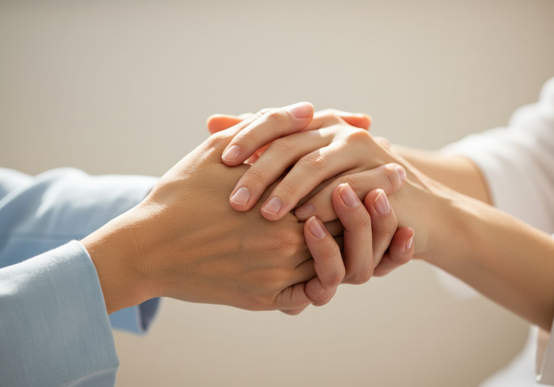 Deux personnes se tenant la main, offrant réconfort et soutien. Une manche est bleue.
