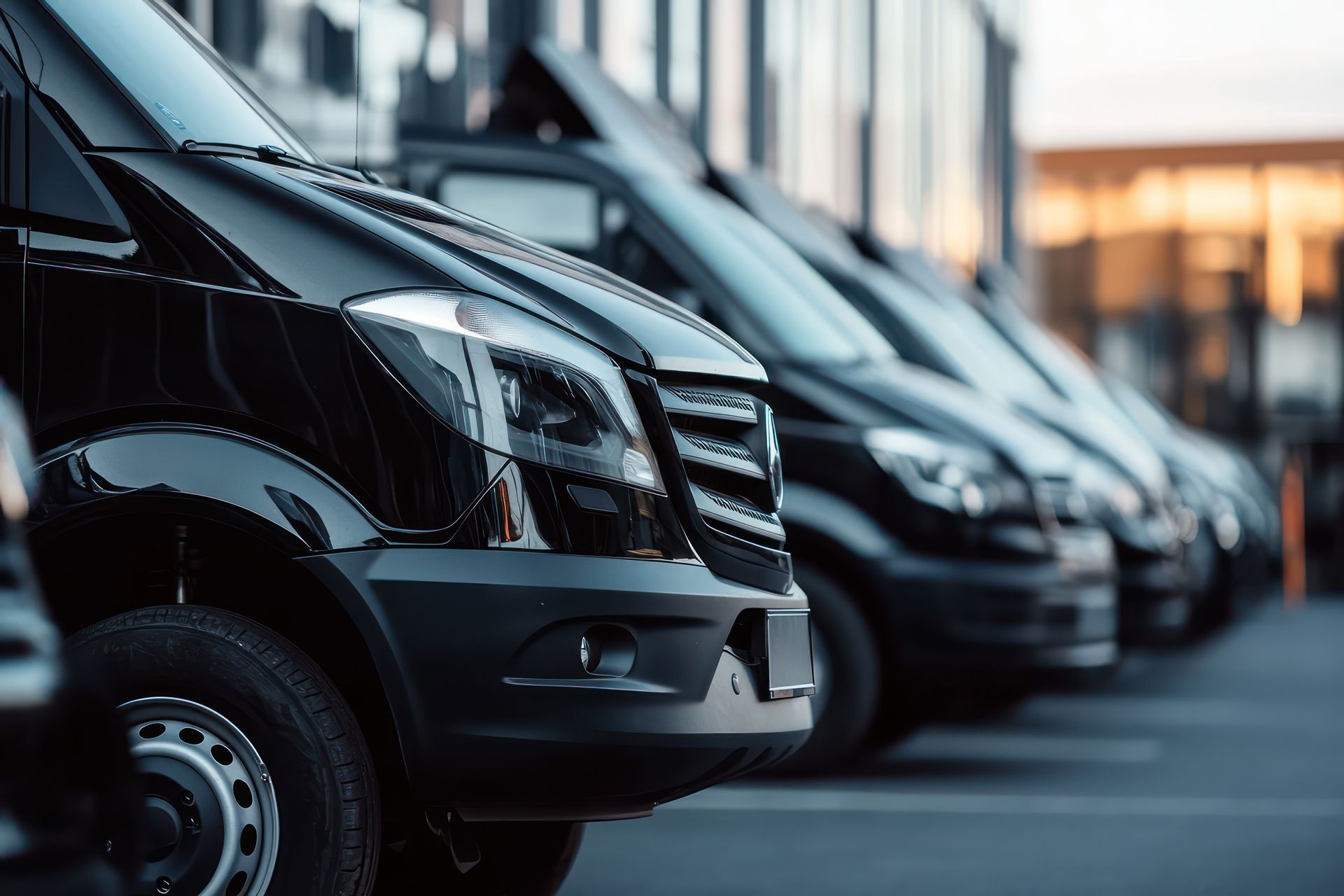 Fourgonnettes noires garées en rangée ; en journée, probablement un parking de véhicules commerciaux.