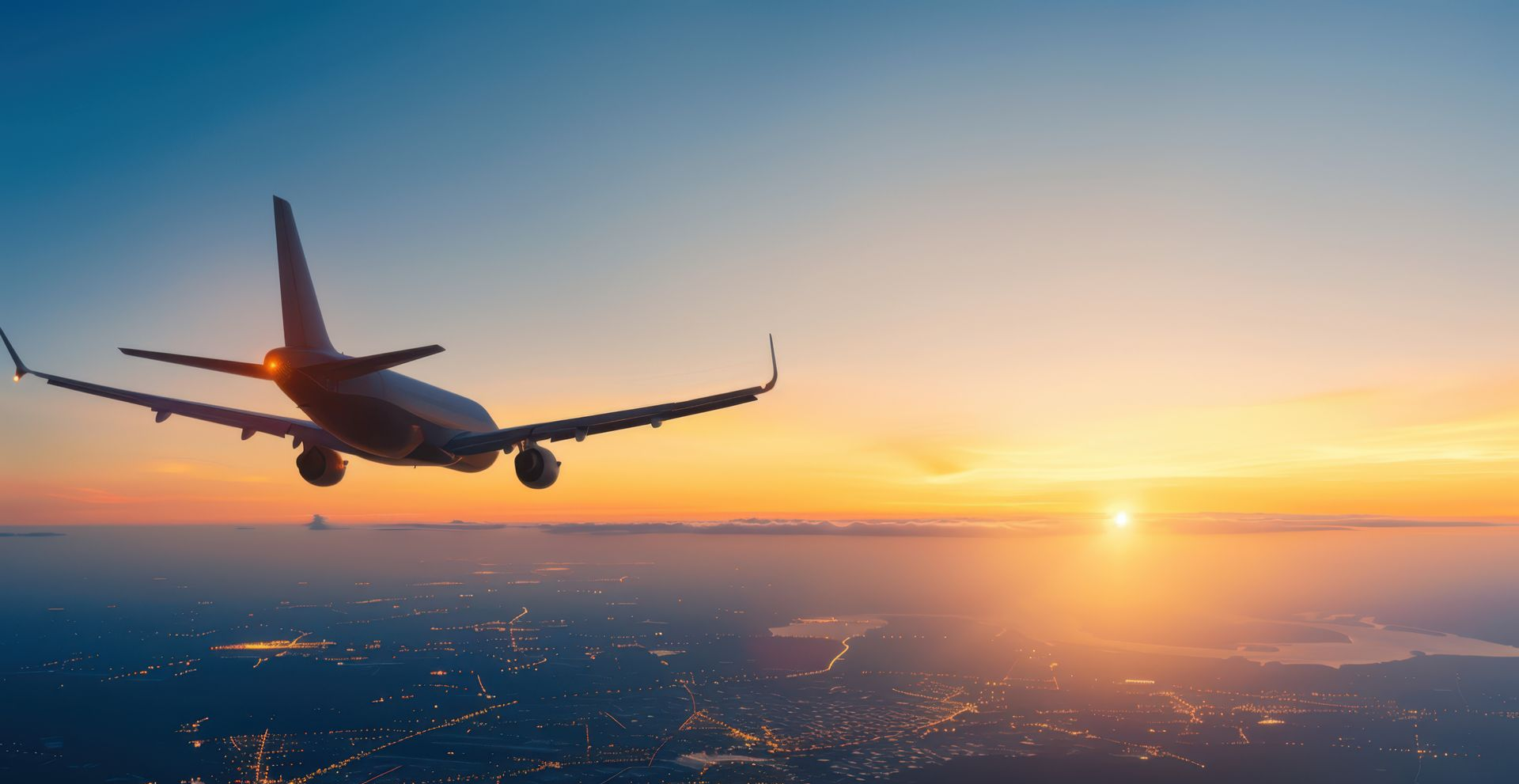 Un avion en phase d'atterrissage dans le ciel face au coucher de soleil, se découpant sur des teintes orange et bleues.