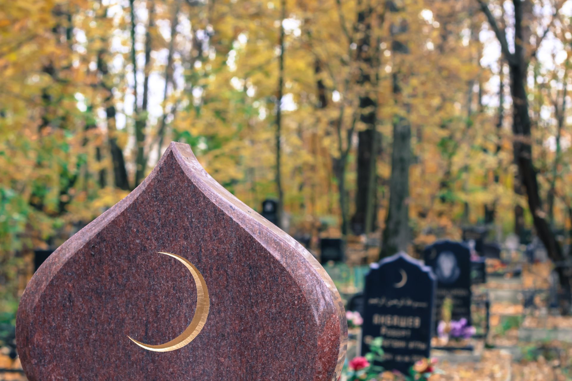 Pierre tombale avec le symbole du croissant de lune dans un cimetière musulman avec des arbres d'automne en arrière-plan.