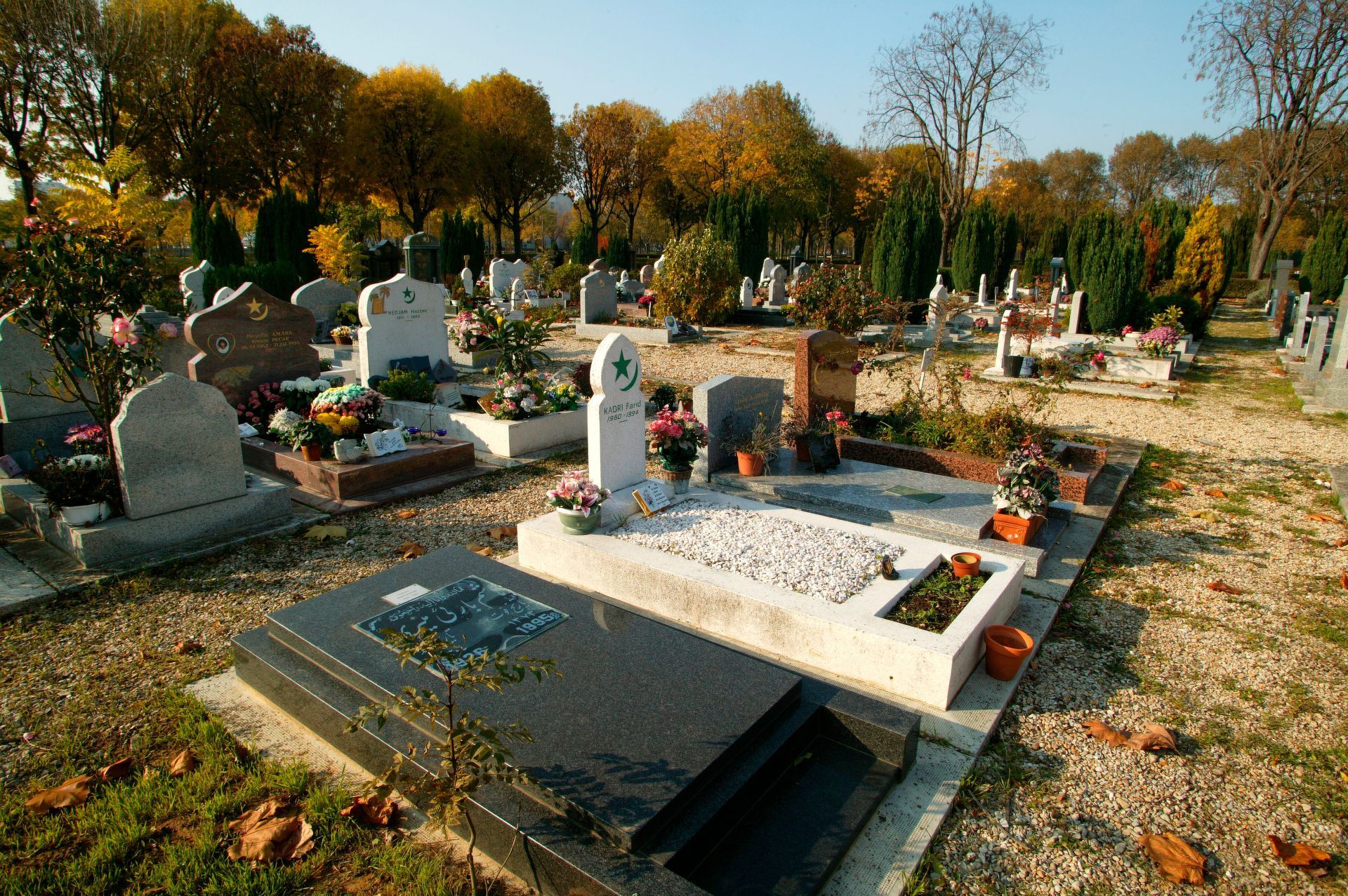 Cimetière avec pierres tombales, arbres d'automne et feuilles éparpillées sous un ciel bleu.