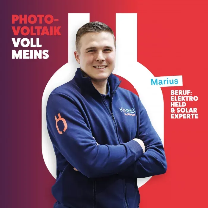 Man named Marius in a blue jacket. Text: "Photovoltaik Voll Meins." Job: "Elektro Held & Solar Experte."
