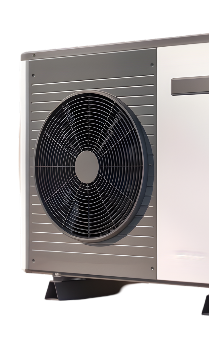 Pompe à chaleur extérieure avec ventilateur noir, boîtier argenté et blanc, base noire.