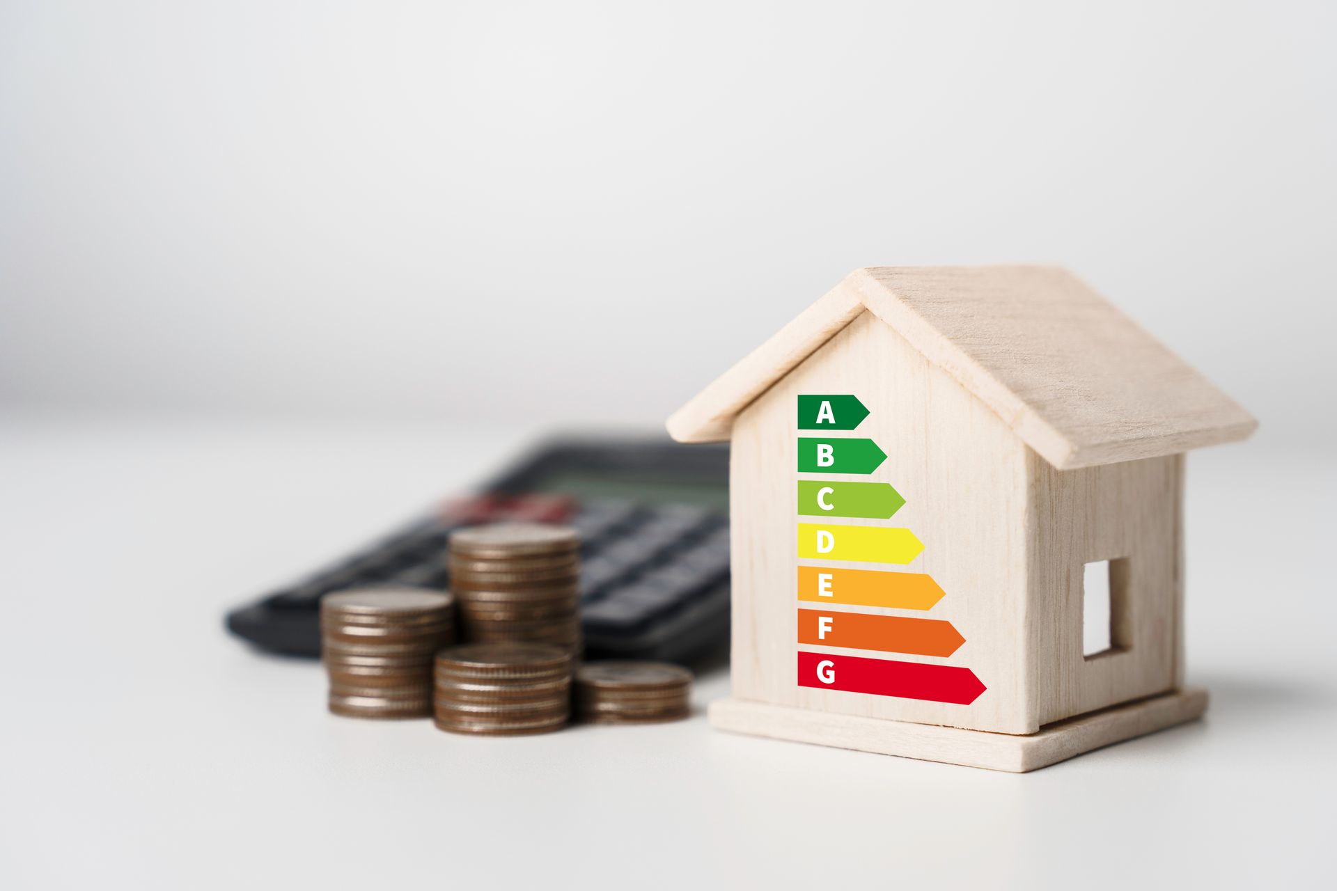 Maquette de maison en bois avec étiquette d'efficacité énergétique, pièces de monnaie et calculatrice.