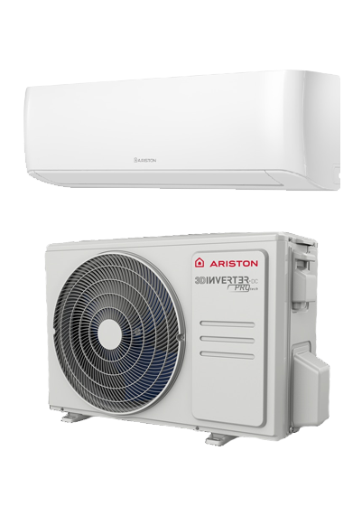 Pompe à chaleur extérieure avec ventilateur noir et boîtier gris et blanc.