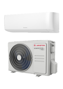Pompe à chaleur extérieure avec ventilateur noir et boîtier gris et blanc.