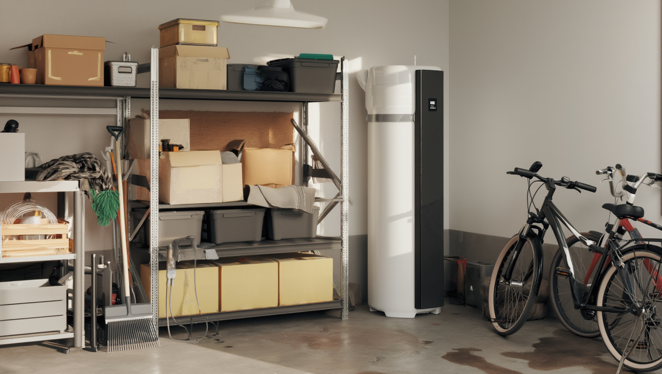 Débarras avec étagères, cartons, une grande armoire blanche et deux vélos garés sur la droite.