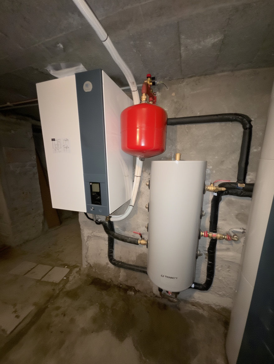 Local technique au sous-sol avec chaudière, vase d'expansion rouge et tuyauterie raccordée contre les murs en béton