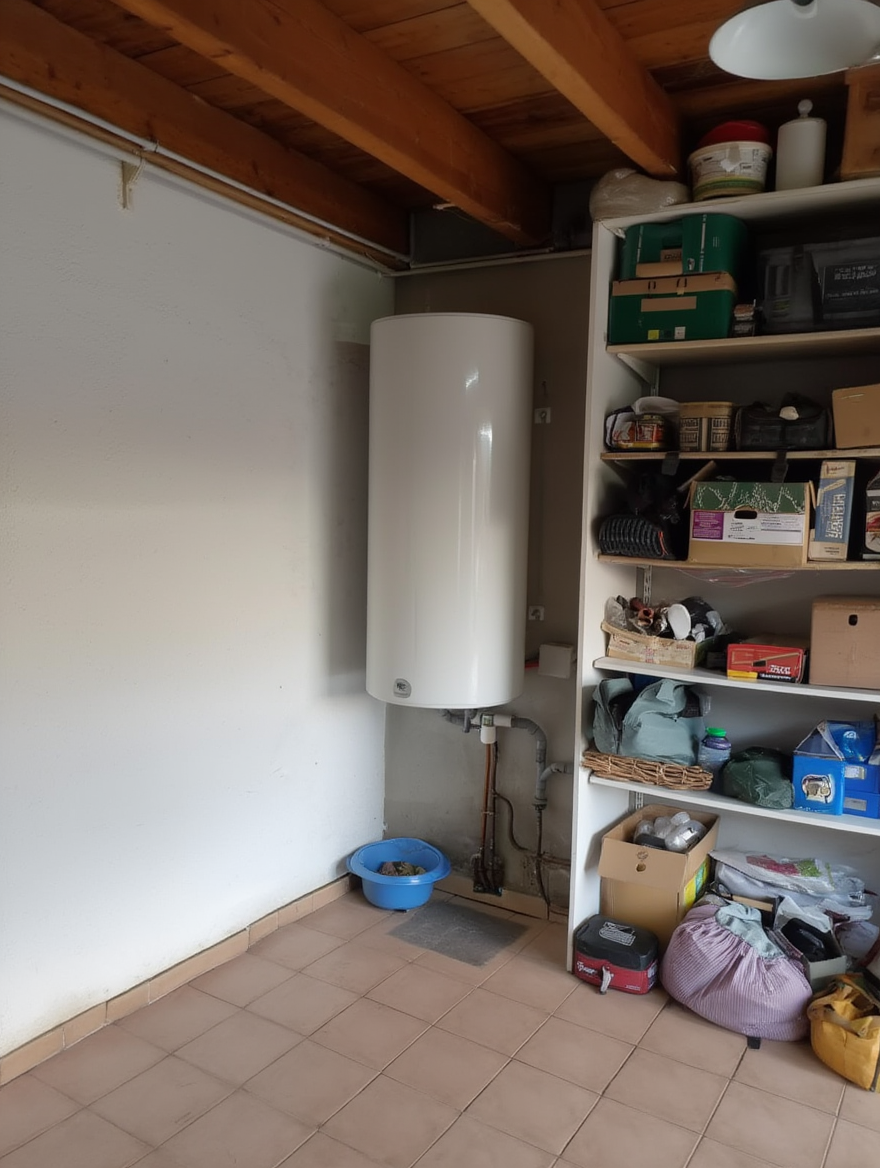 Petite buanderie avec un chauffe-eau mural blanc, des étagères remplies de boîtes et un sol carrelé.