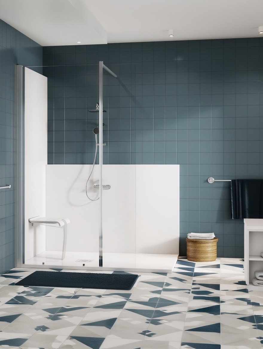 Salle de bains moderne avec murs carrelés bleus, baignoire blanche, douche en verre et tapis de sol à motifs