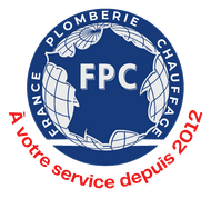 Vers la page d'accueil Logo bleu et blanc de France Plomberie Chauffage avec un globe terrestre et les initiales FPC.