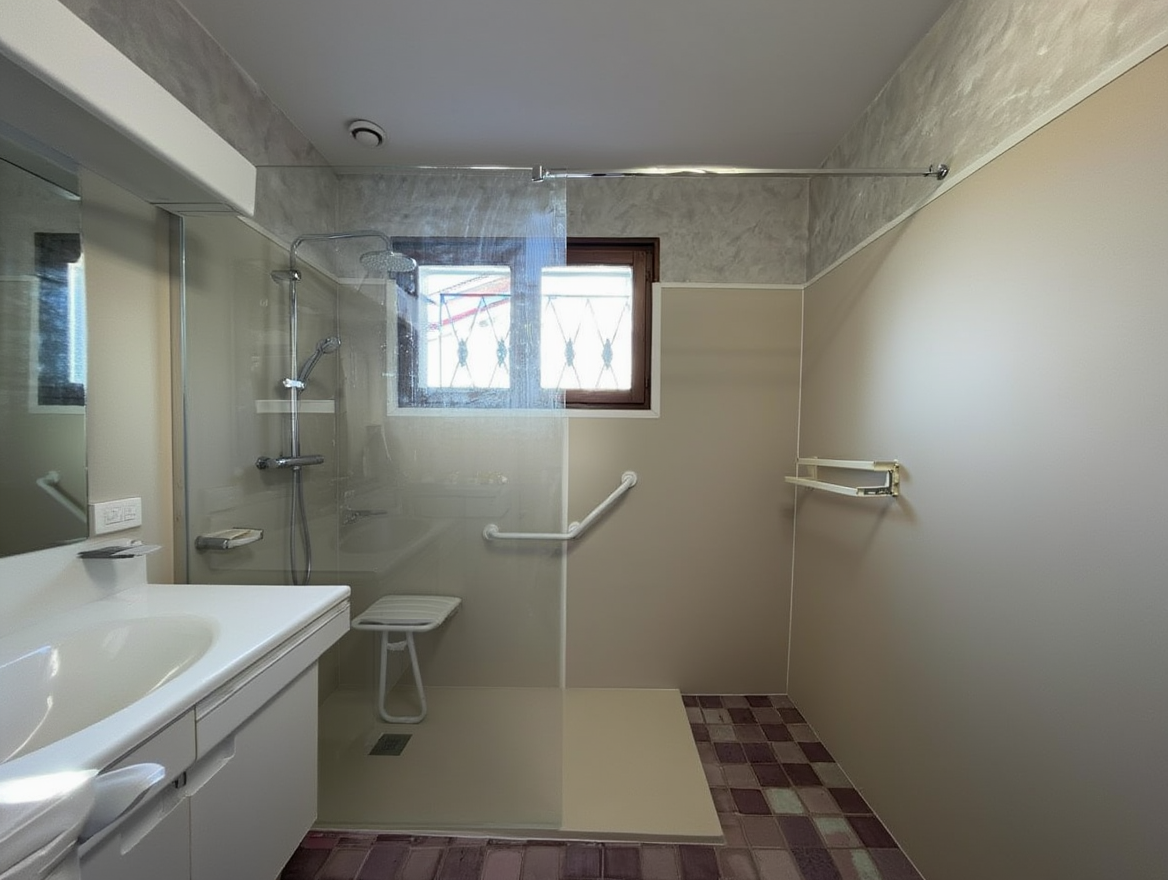 Salle de bain accessible avec lavabo, douche, barres d'appui et siège de toilette mural, éclairée par une petite fenêtre.