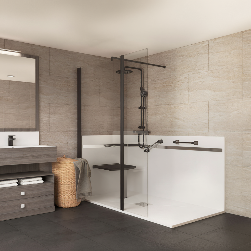 Salle de bains moderne avec baignoire îlot blanche, douche à l'italienne, meuble-lavabo en bois et sol carrelé foncé.