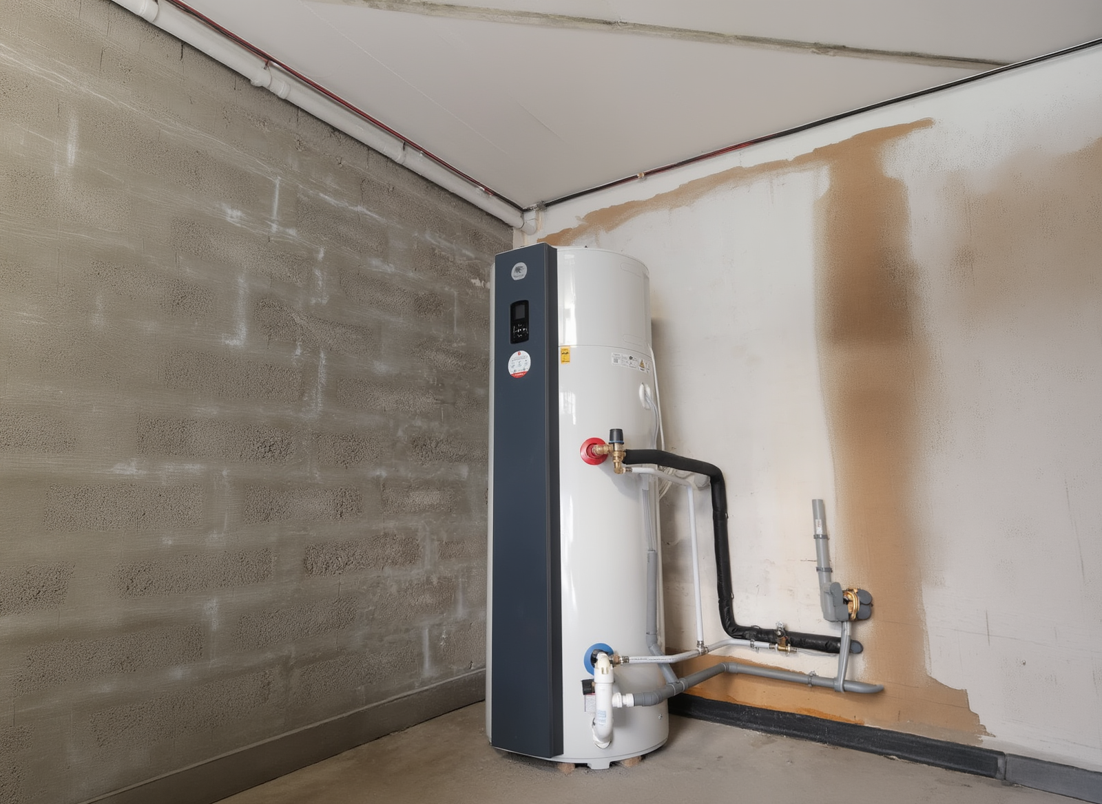 Chauffe-eau installé dans un coin utilitaire nu, avec des tuyaux apparents et des murs non finis.