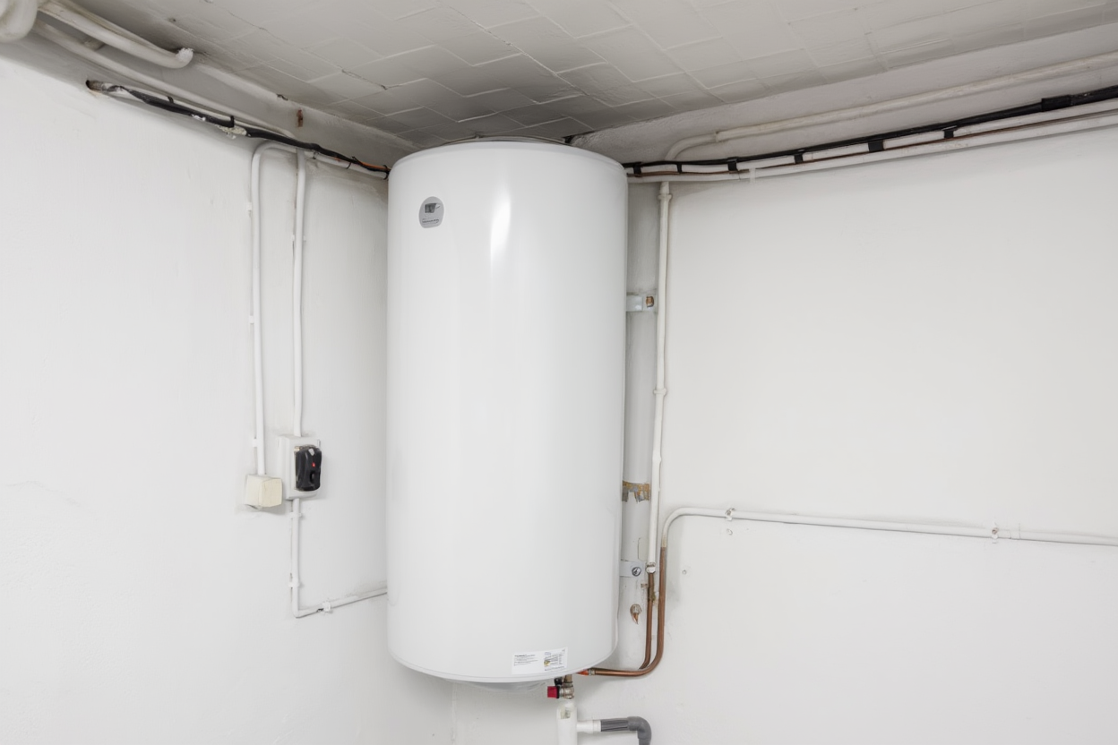 Chauffe-eau cylindrique blanc fixé au mur d'une buanderie, avec tuyaux et câbles apparents.
