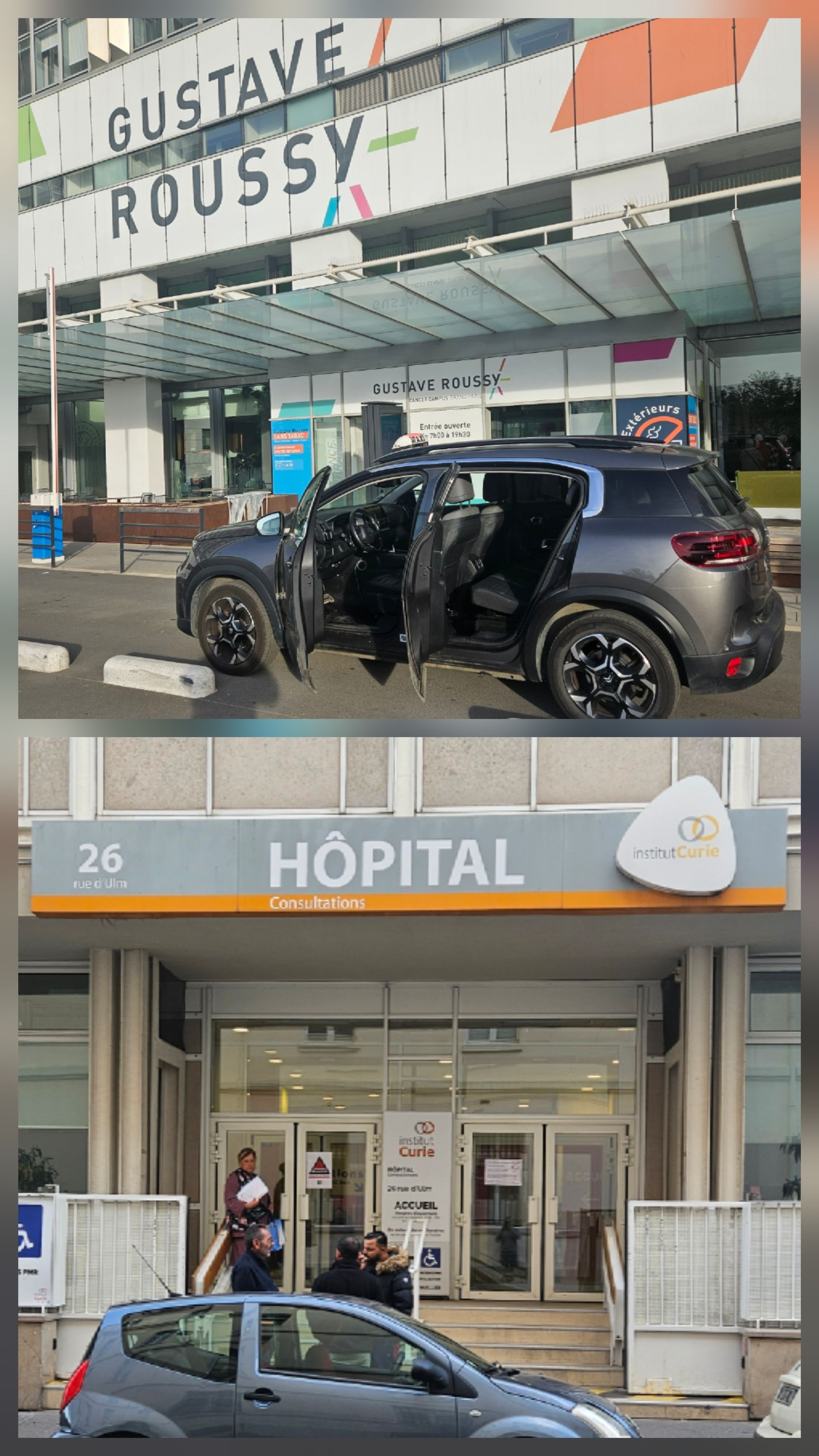 Deux photos de devantures de magasins : un SUV noir devant Gustave Roussy et une voiture devant l’entrée d’un hôpital.