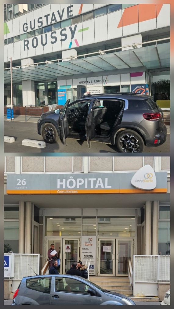 Deux photos l'une en dessous de l'autre : la première figure un SUV noir devant le centre Gustave Roussy ; la seconde, une voiture devant l’entrée d’un hôpital.