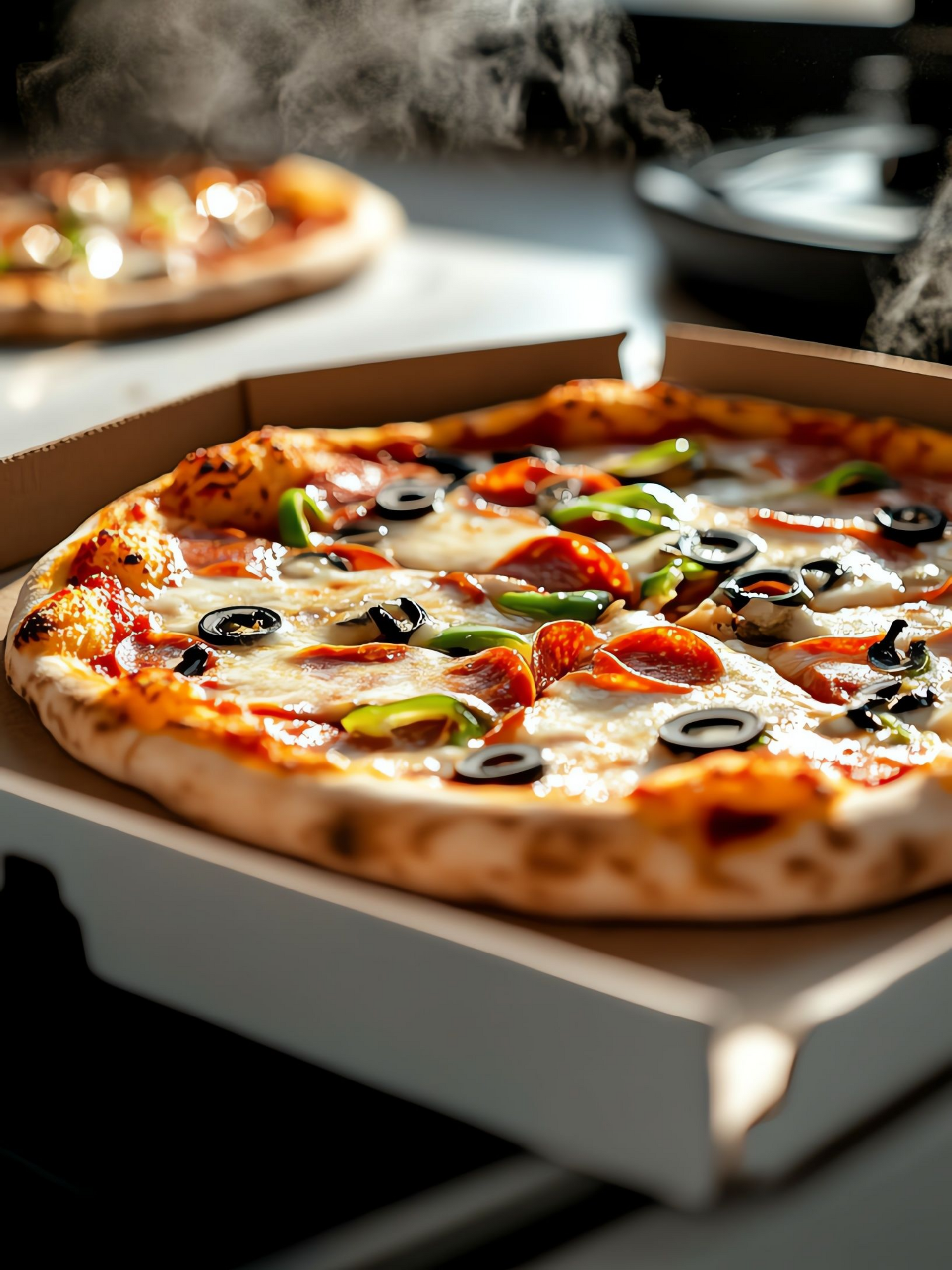 Pizza dans une boîte en carton, garnie de pepperoni, de poivrons verts et d'olives ; vapeur montant.