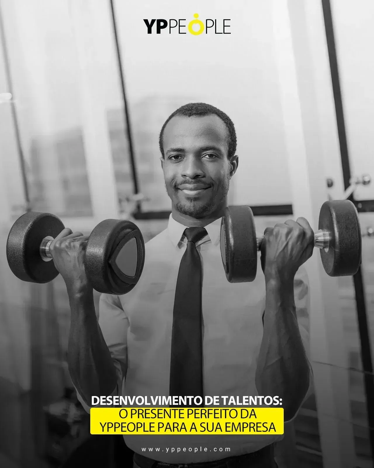 Man in a shirt and tie lifts weights. Ad for YPeople, promoting talent development in a professional setting.