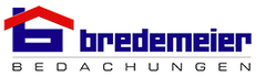 Logo von „Bredemeier Bedachungen“. Zeigt ein blaues Haussymbol mit rotem Dach und blauem Text auf weißem Grund.