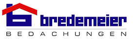 Logo von „Bredemeier Bedachungen“. Zeigt ein blaues Haussymbol mit rotem Dach und blauem Text auf weißem Grund.