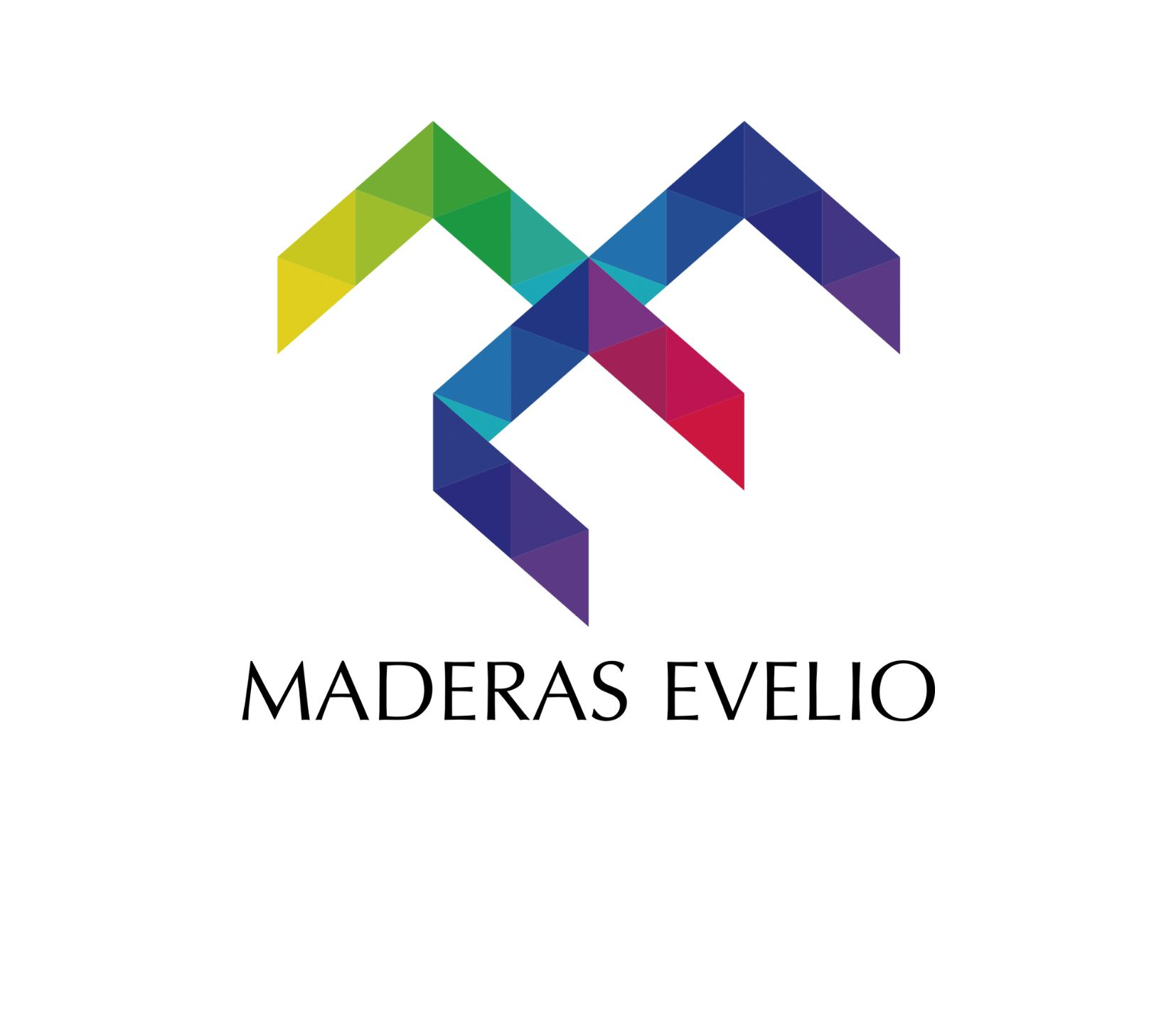 Logotipo de Maderas Evelio con formas geométricas multicolores de tejados sobre el nombre de la empresa.