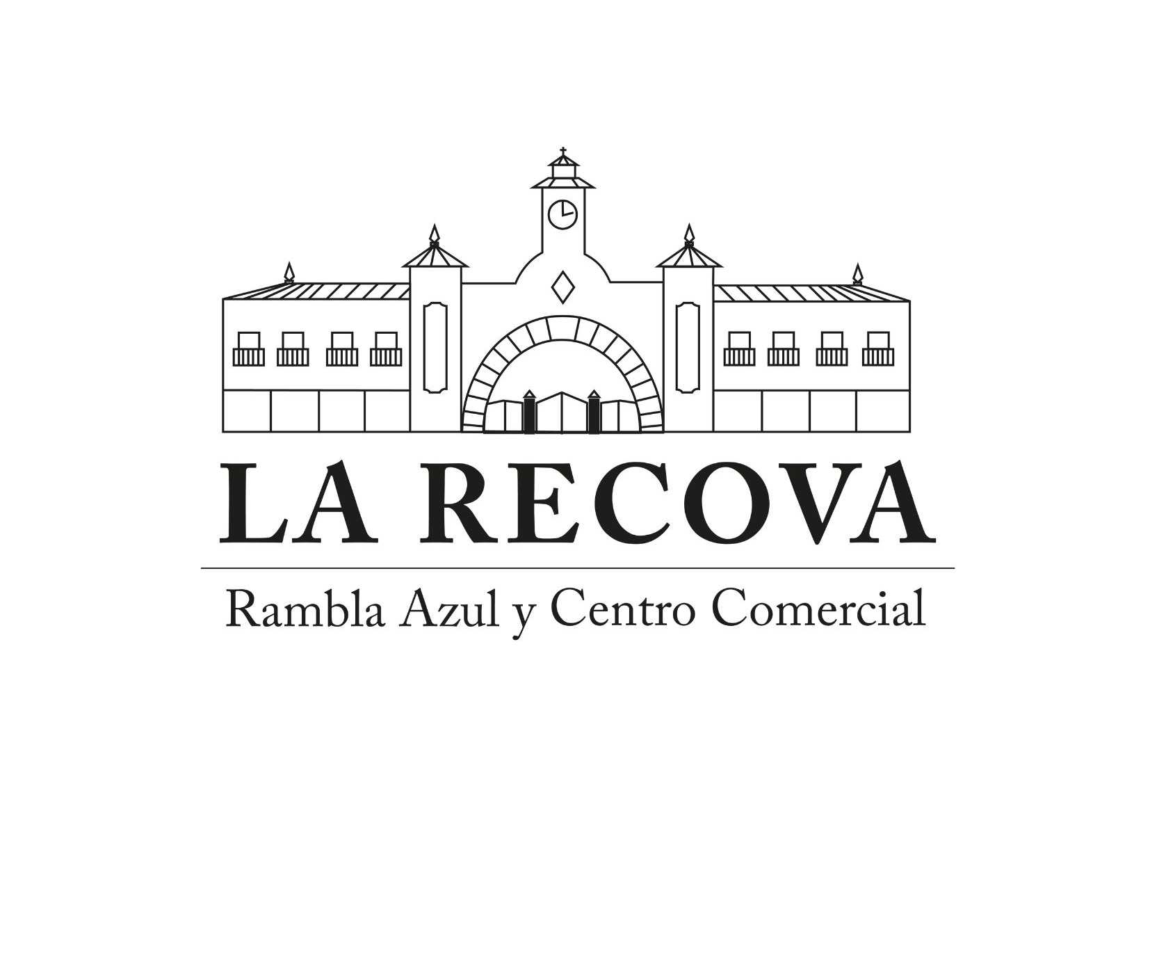 Logotipo de La Recova con un dibujo lineal de un edificio y el texto “Rambla Azul y Centro Comercial”