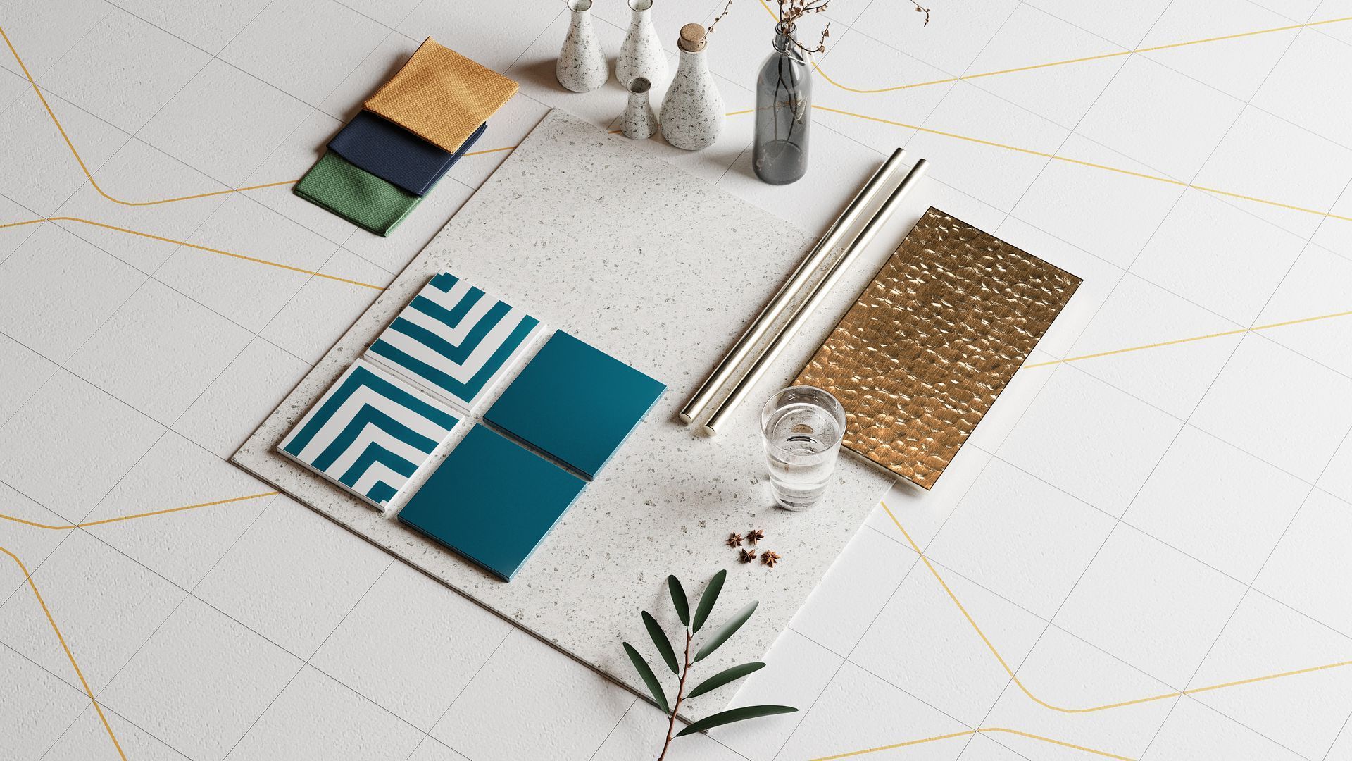 Moodboard mit verschiedenen Stoffe und Fliesen