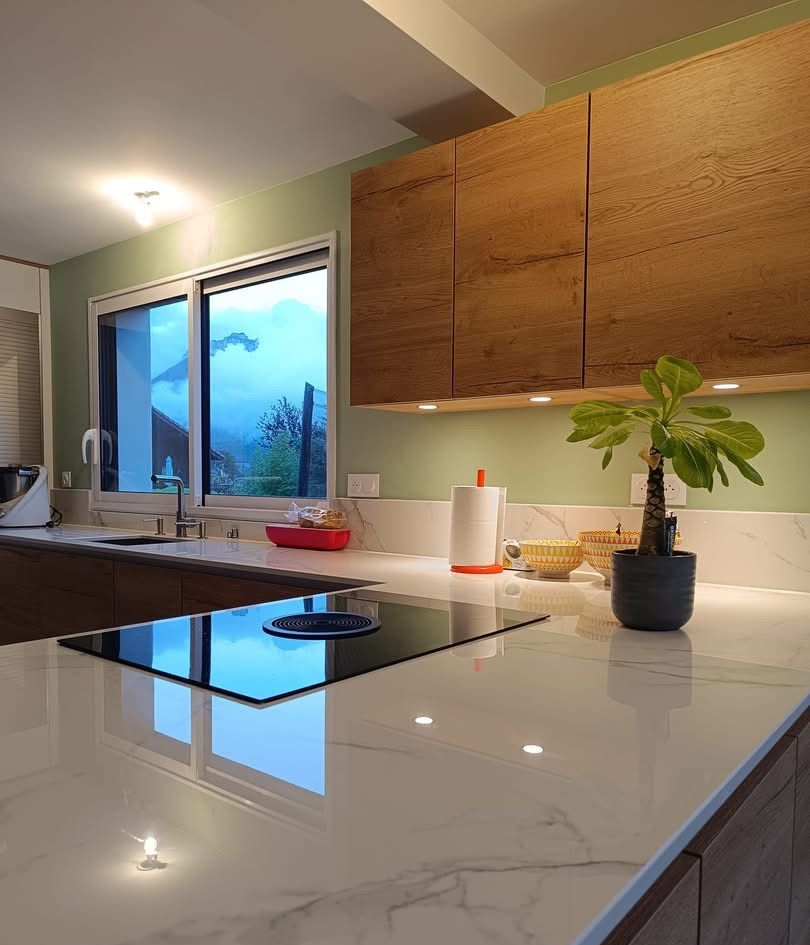 Cuisine moderne avec un plan de travail en marbre et des meubles.