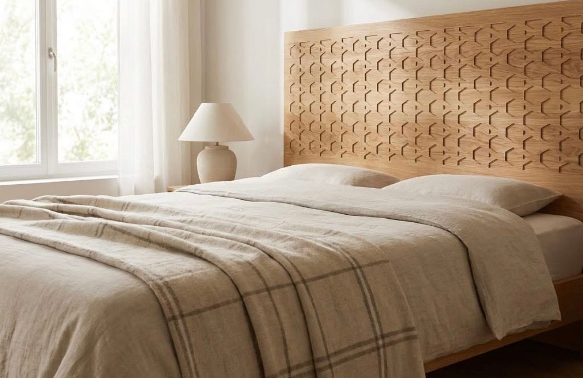 Chambre avec draps, tête de lit sculptée de motifs géométriques et lampe sur la table de chevet.