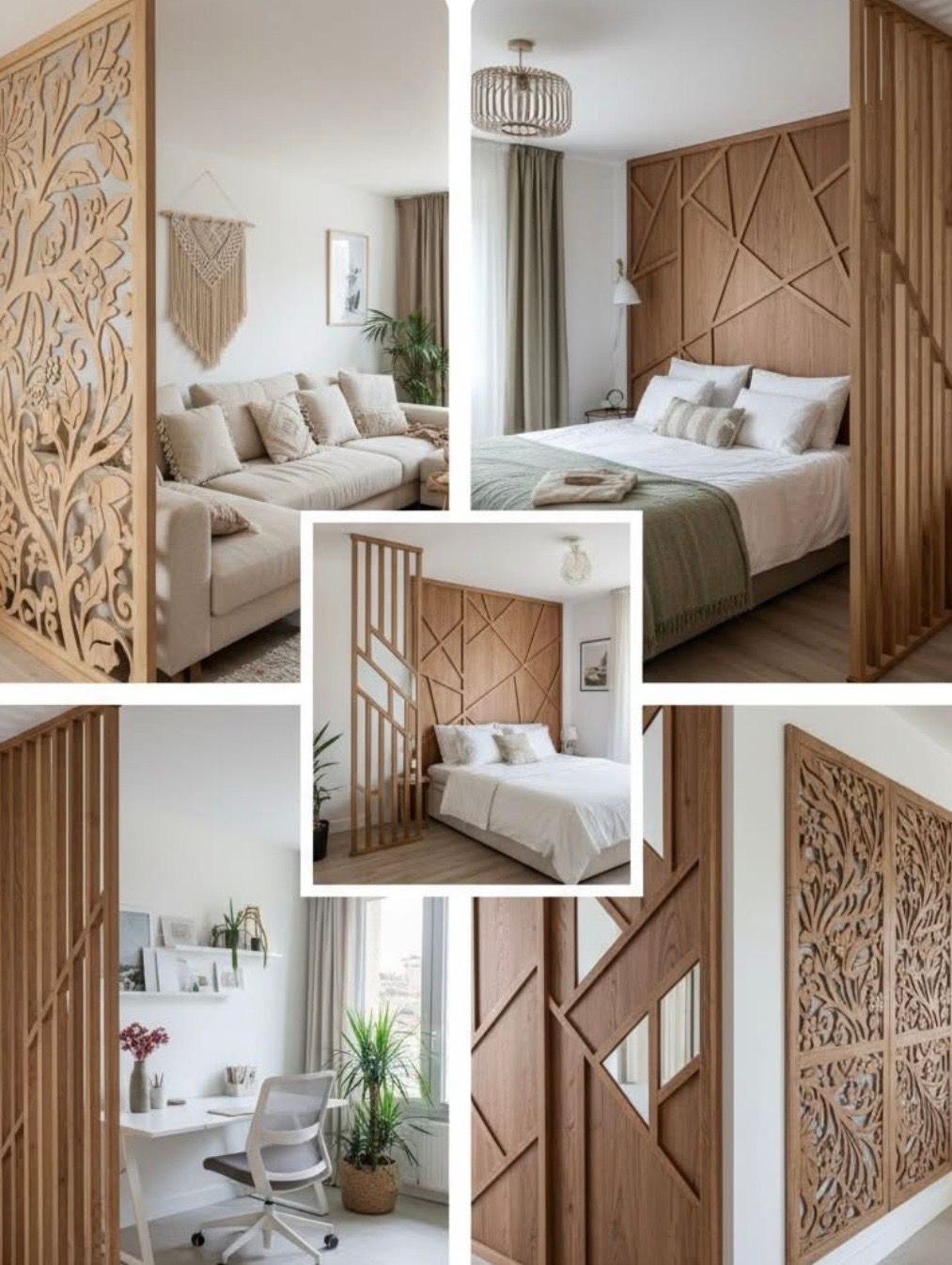 Cloisons en bois et murs d'accent dans diverses chambres et pièces à vivre modernes.