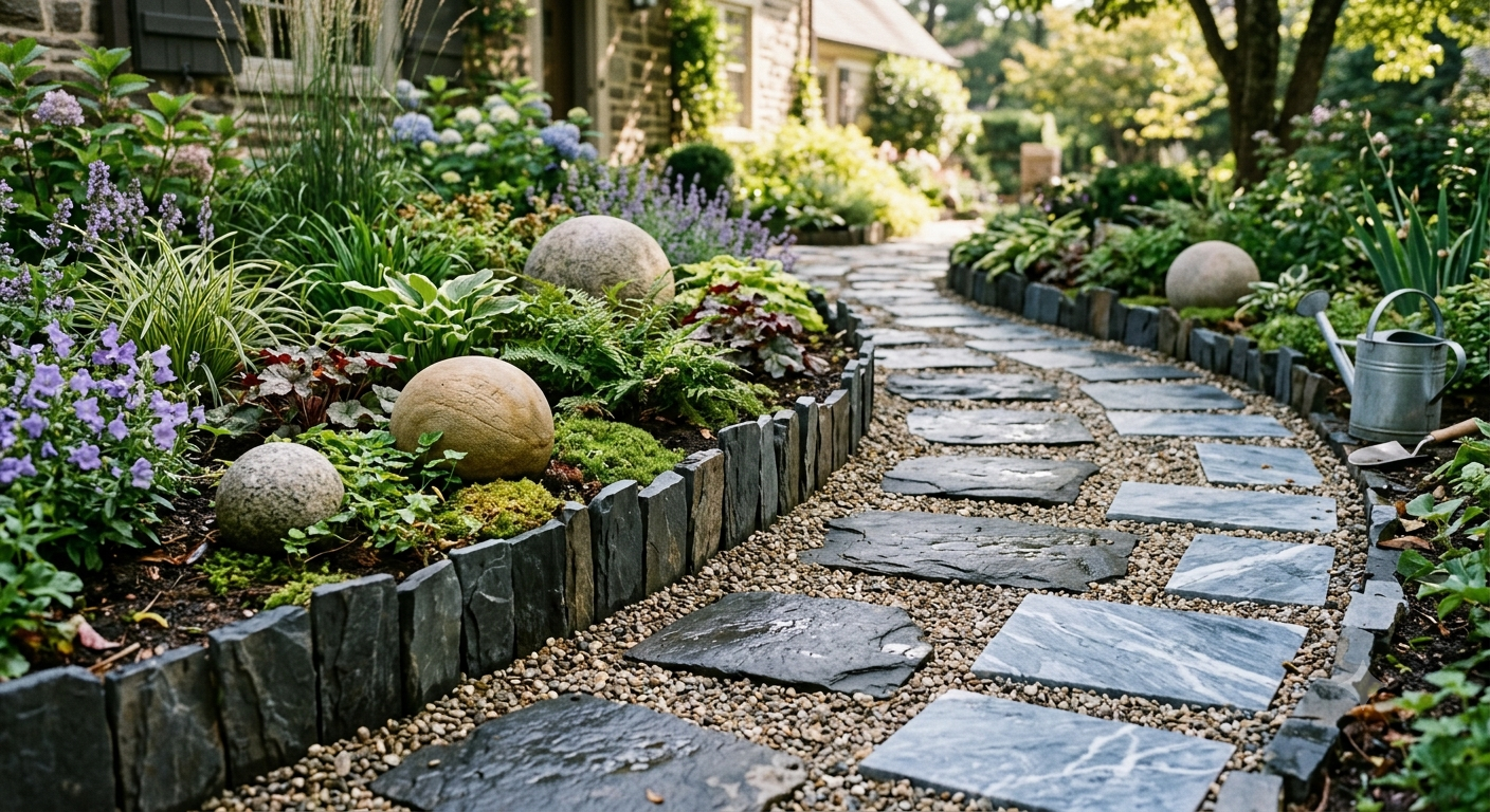 Allée de jardin en pierre incurvée bordée de plantes luxuriantes et d'ornements en pierre ronde