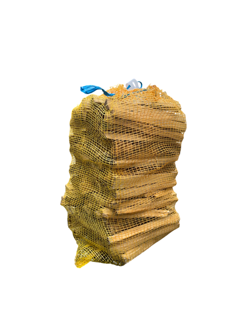 Sacs de jute empilés avec un lien bleu, isolés sur fond blanc
