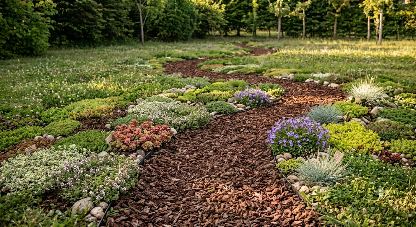 Chemin sinueux en copeaux de bois traversant une prairie fleurie et colorée, avec des arbres verts en arrière-plan.