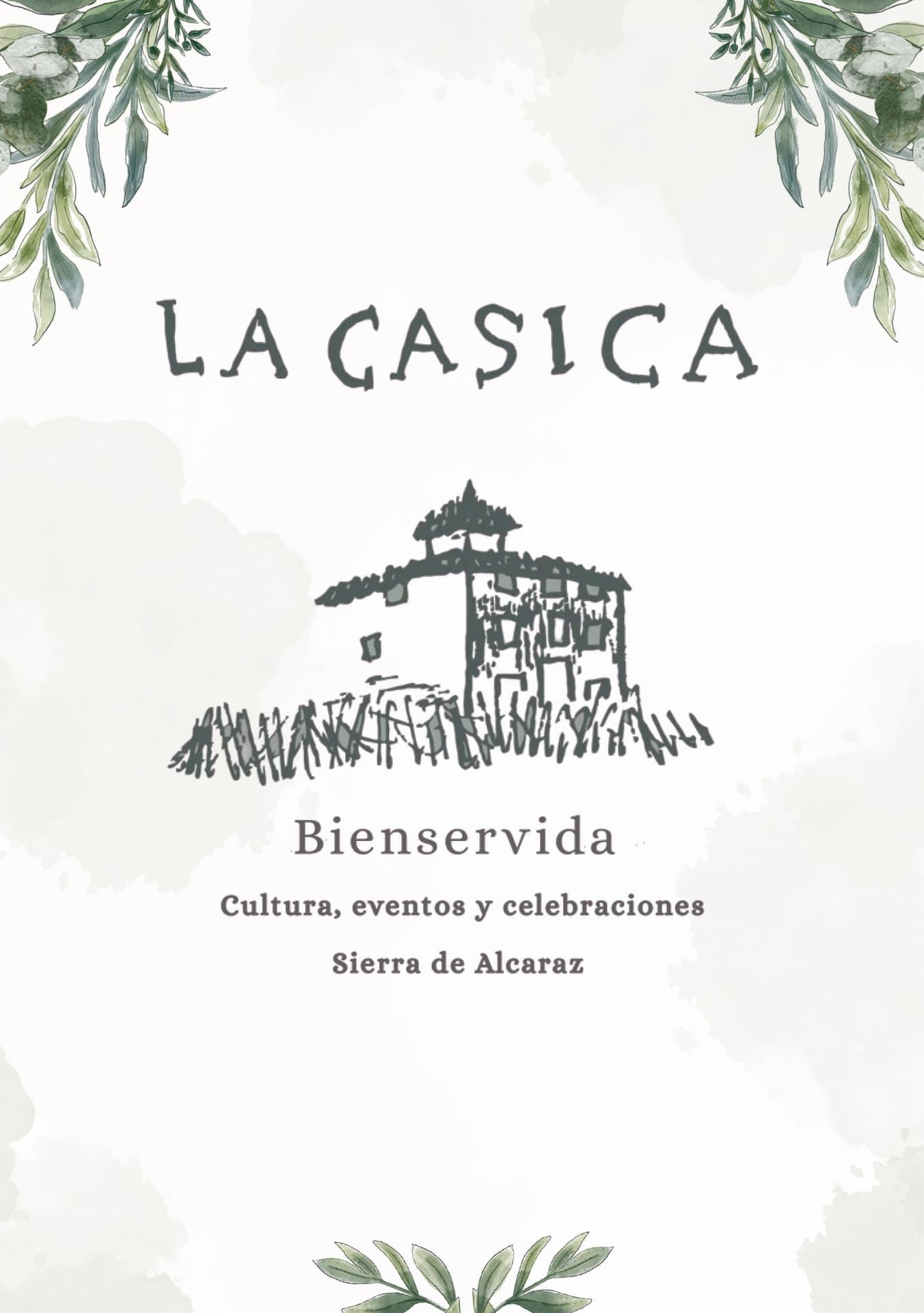 Letrero del lugar para eventos La Casica con boceto del edificio y borde de vegetación sobre fondo blanco.
