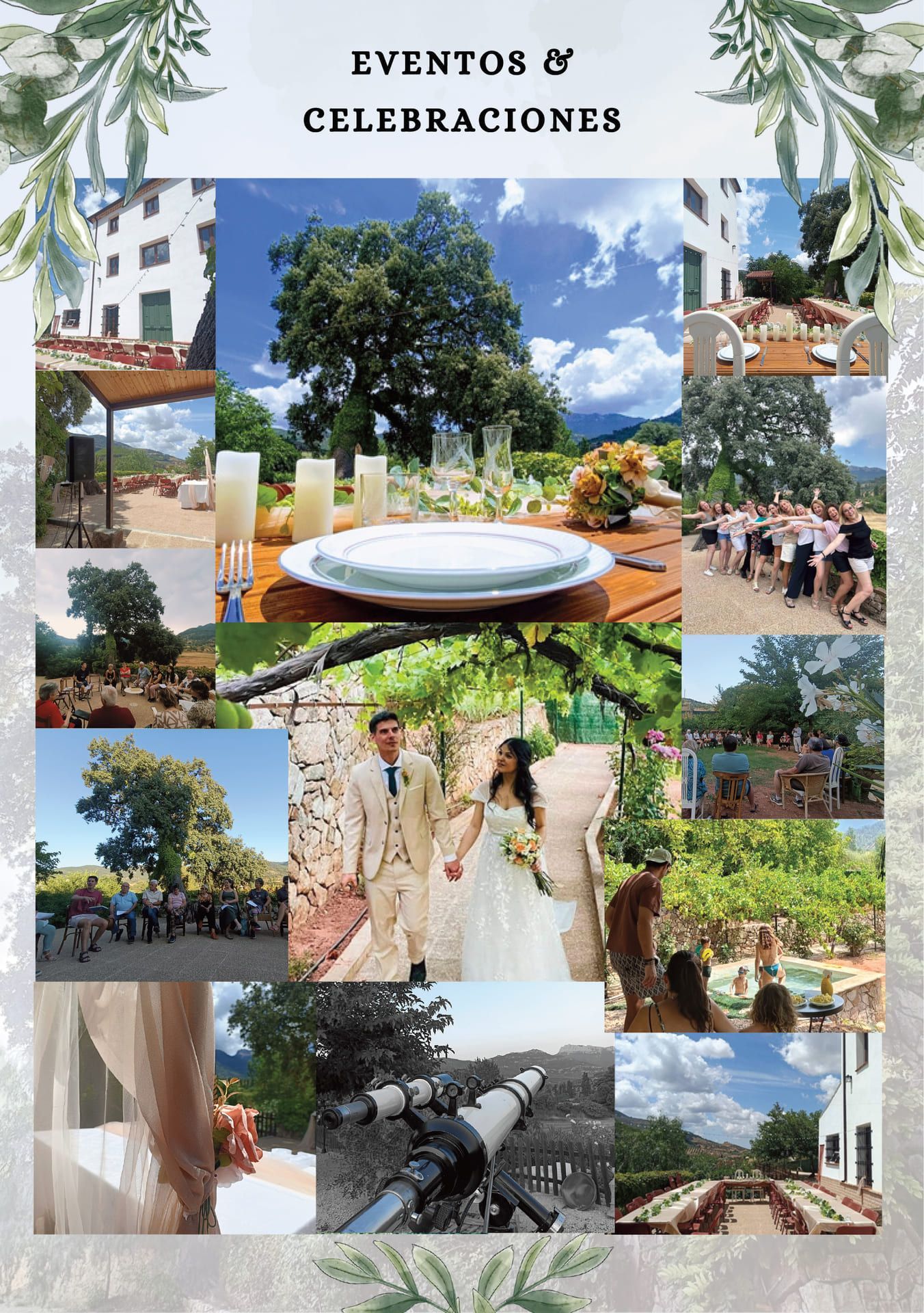 Collage de fotos del lugar del evento con jardines, capilla, montaje de la recepción y una pareja de novios en la sección “Eventos & Celebraciones”.