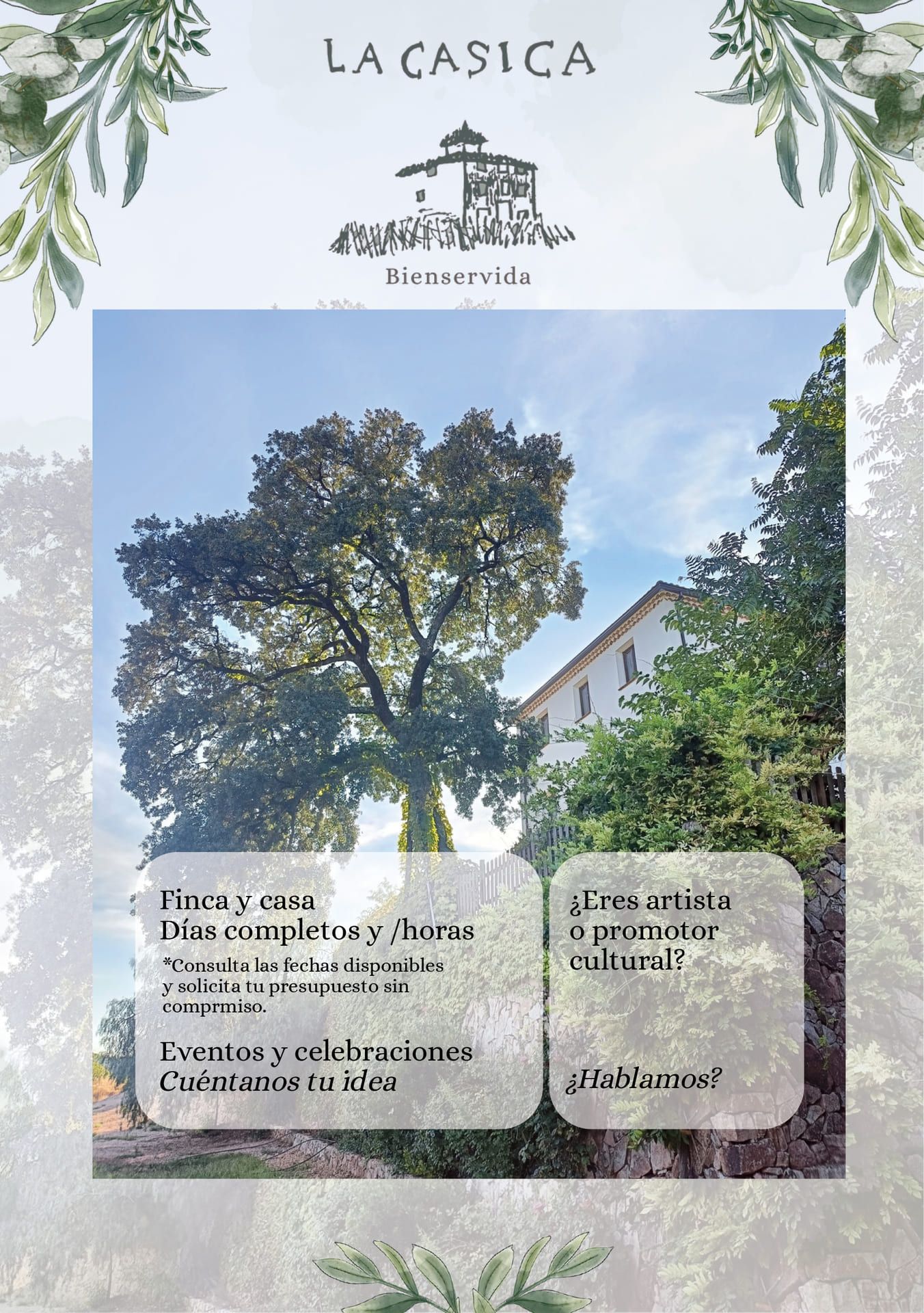 Póster de un árbol soleado junto a una casa, con texto en italiano y borde floral sobre un fondo lavanda.