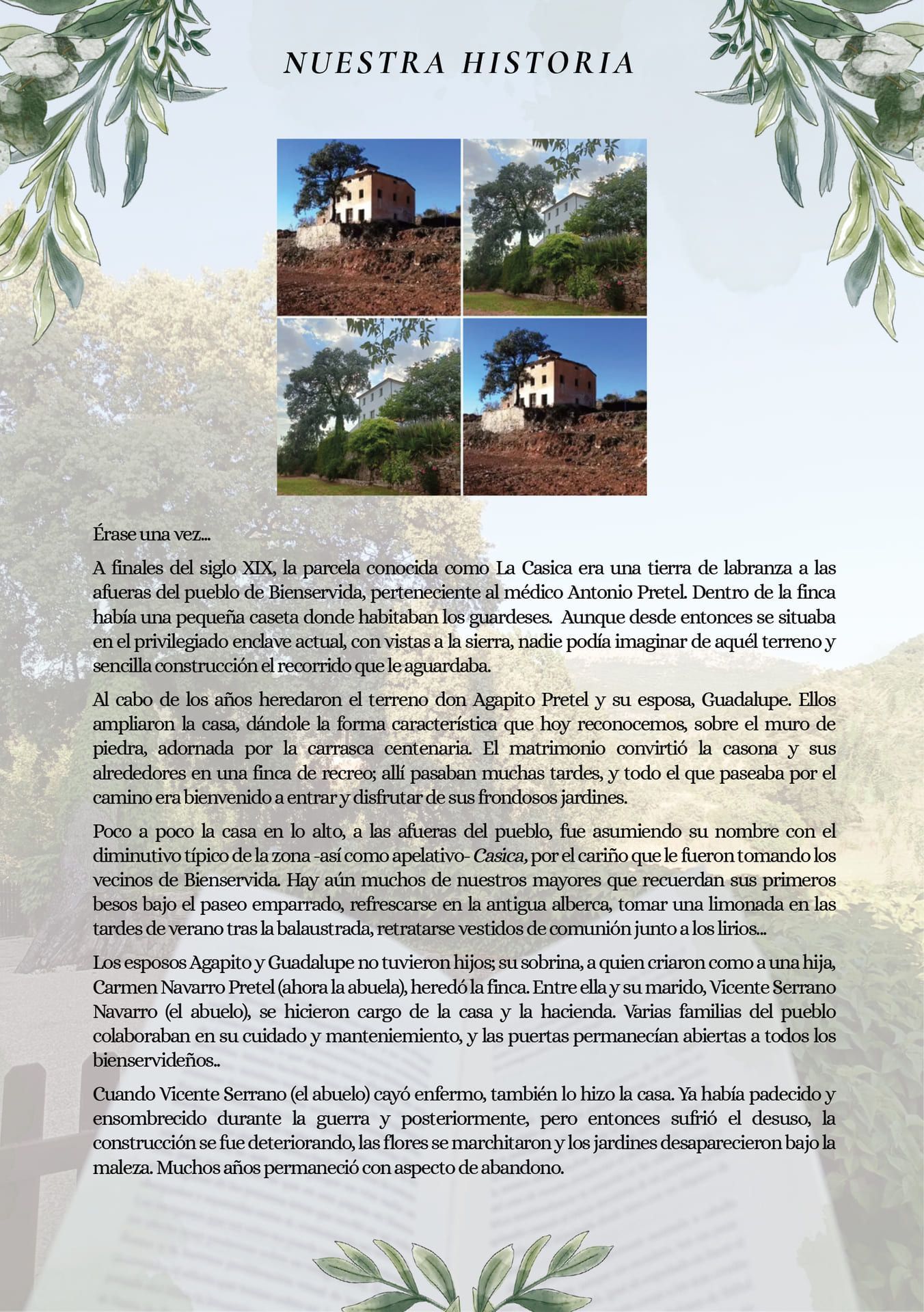 Página impresa titulada “NUESTRA HISTORIA” con cuatro pequeñas fotos de paisajes y bloques de texto sobre un fondo frondoso.
