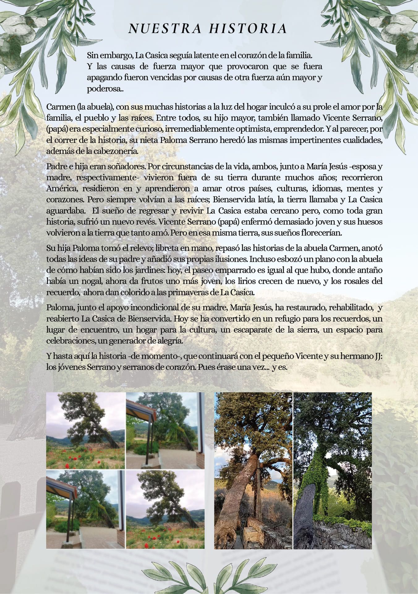 Cartel titulado “Nuestra Historia” con texto en español y pequeñas fotos de árboles y un edificio rural.