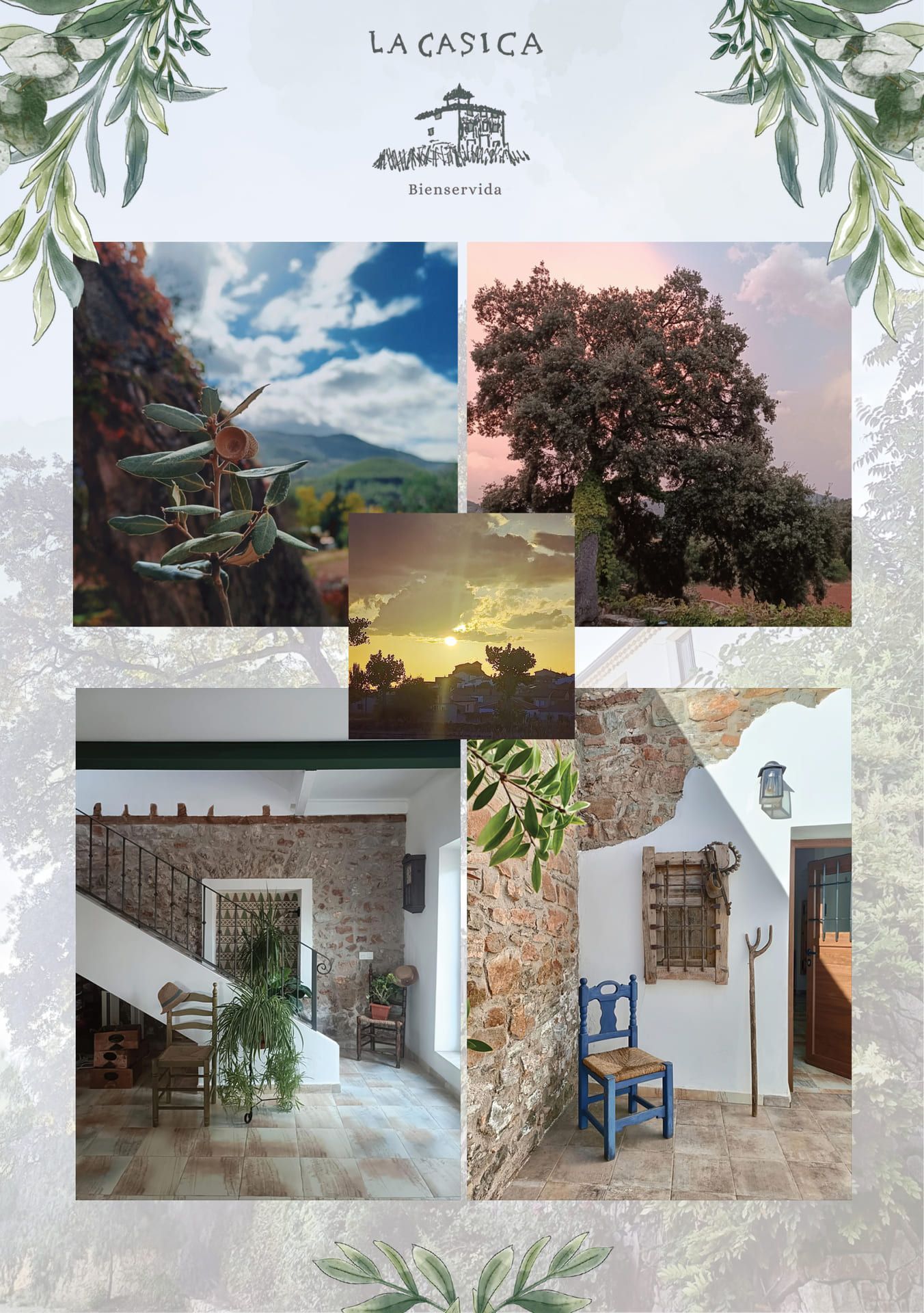 Collage de una villa rústica de piedra, patio, árboles de jardín, vista a la montaña y asientos al aire libre bajo un cielo brillante.