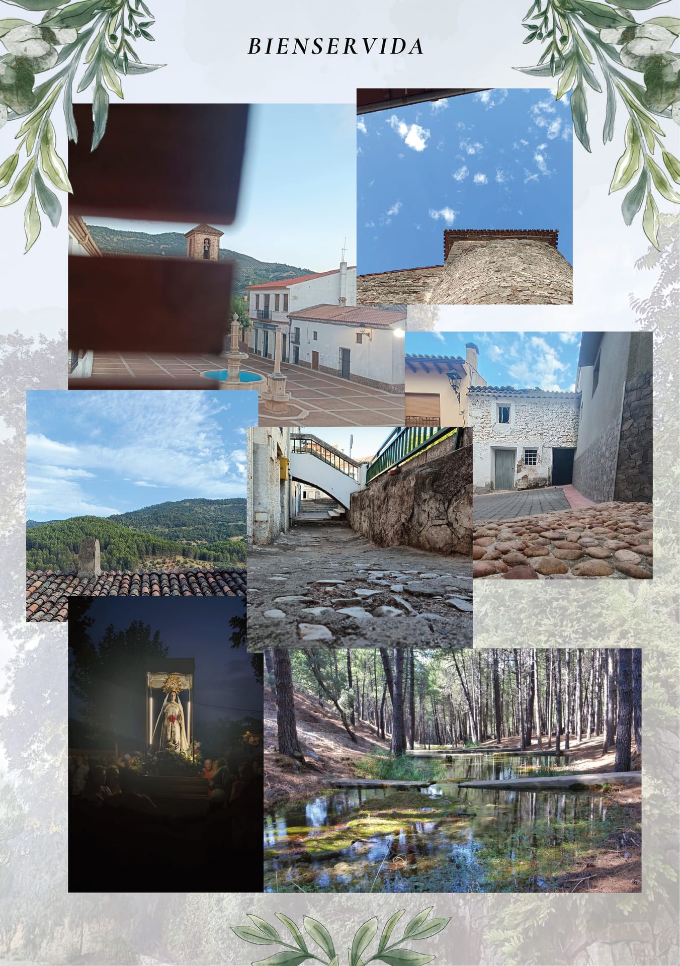 Collage de edificios rústicos y vistas panorámicas al aire libre con árboles y cielo azul, titulado “DIEZ EN VIDA”.