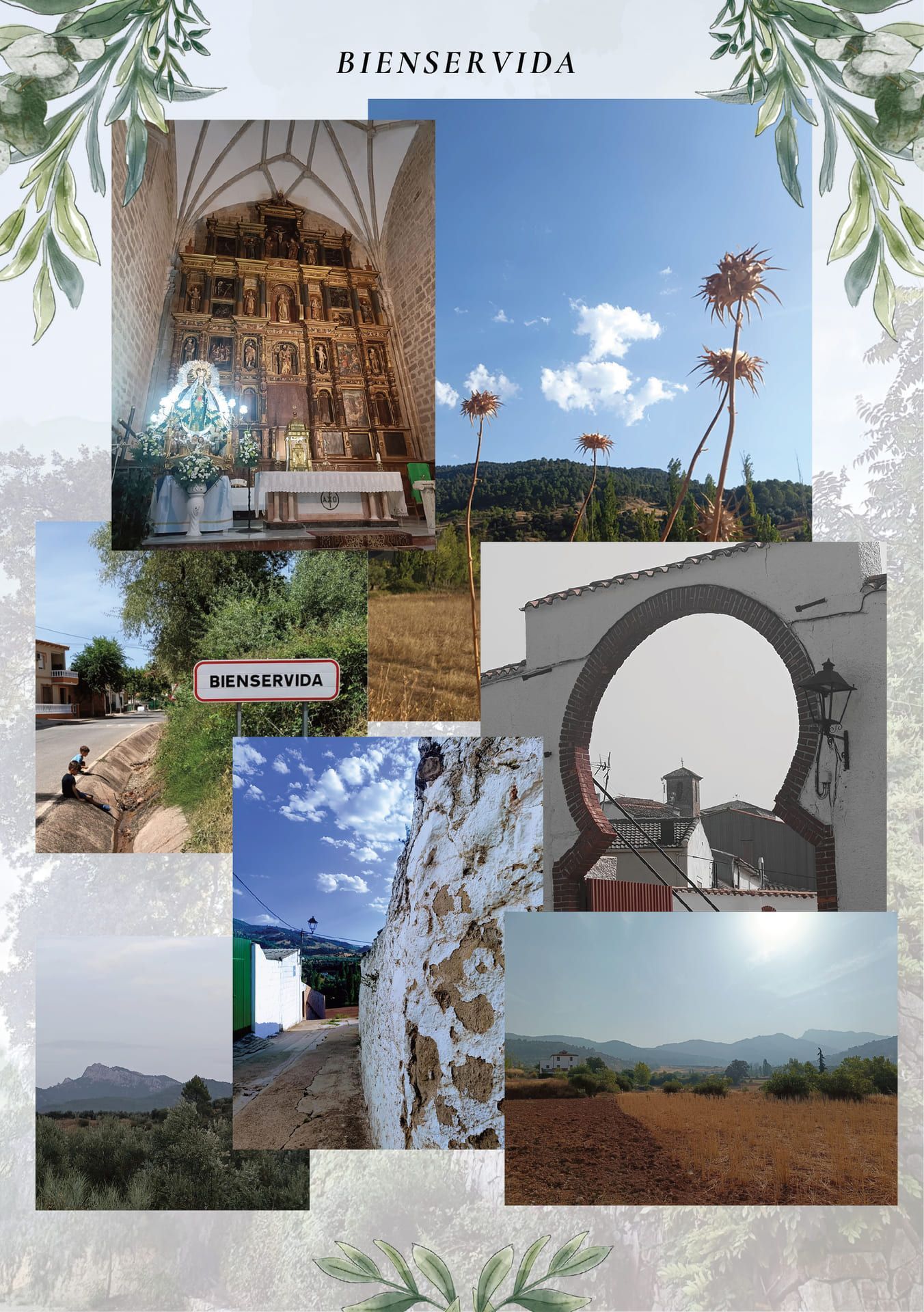 Collage de fotos de viajes con paisajes de cielo azul, montañas, árboles y el título 