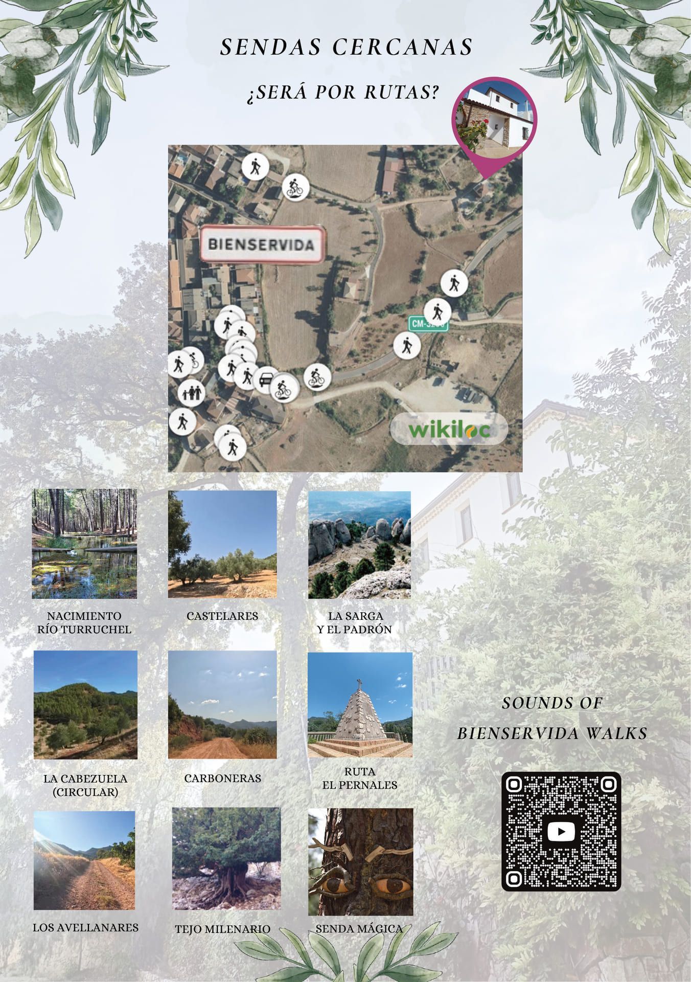 Folleto turístico de España con mapa, miniaturas de lugares de interés y un código QR para lugares cercanos.
