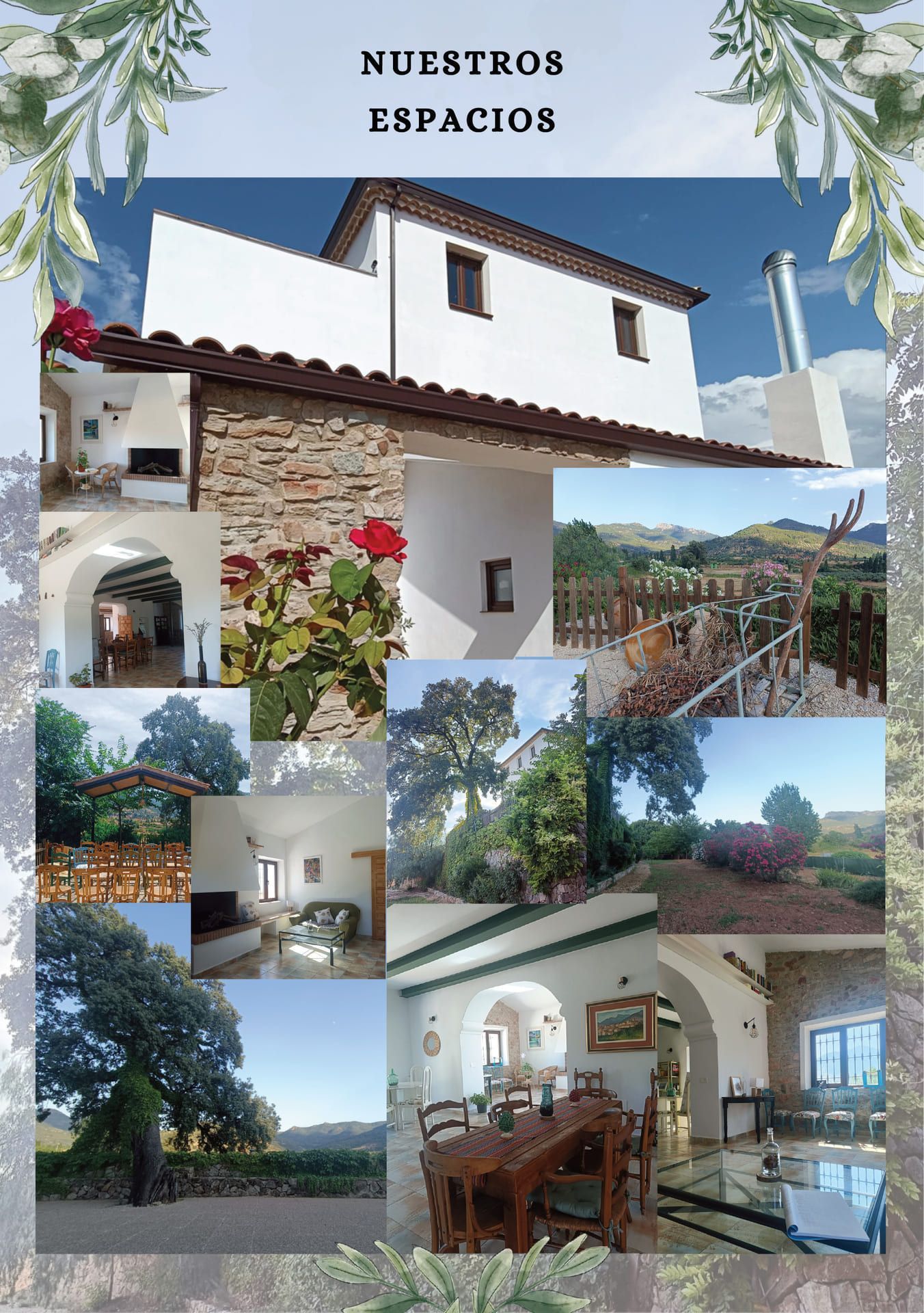 Collage de una casa de campo blanca con patio, etiquetado como “NUESTROS ESPACIOS”.